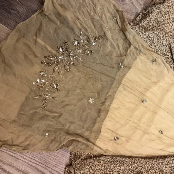 Vintage 100% Silk Beaded Dress Gold Beaded Dress Train Sheer Silk Fairy Prom - Picture 17 of 17